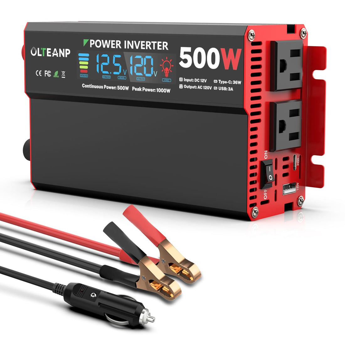 12V Car Inverter with LCD and USB Charging Ports