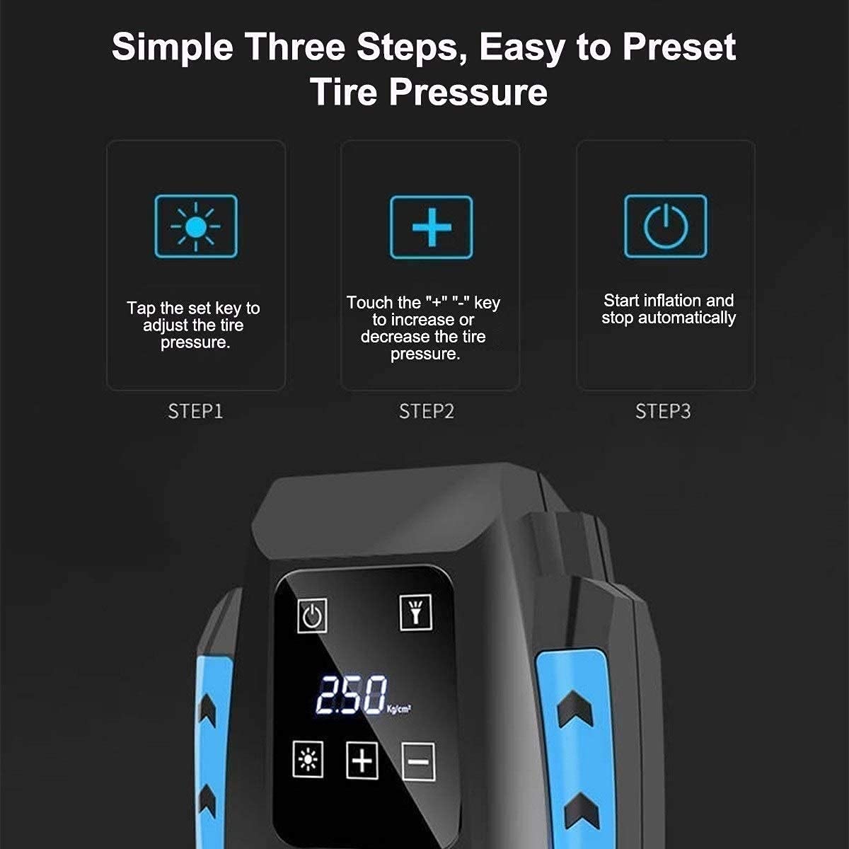 Digital Tire Inflator with Preset Pressure and LED Light