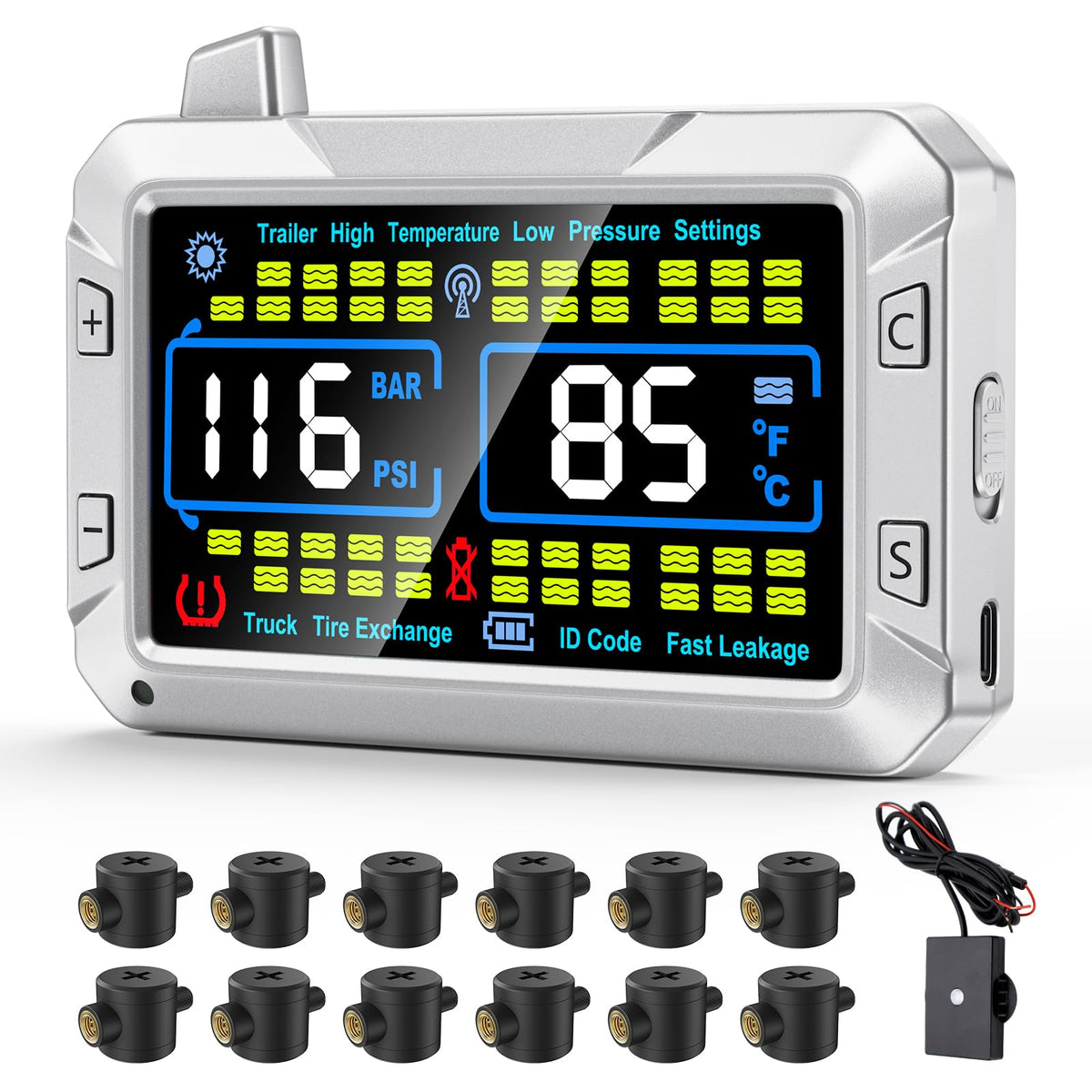 RV Tire Pressure Monitor with Flow-Through Sensor Options