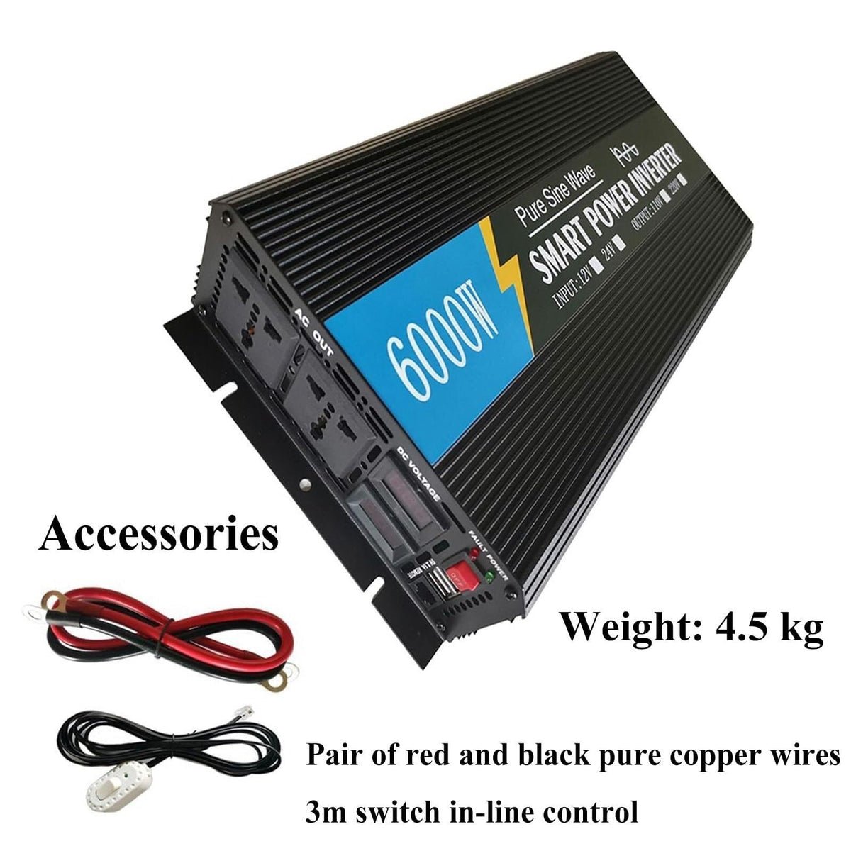 Pure-Sine-Wave Inverter with Battery Cables and Display