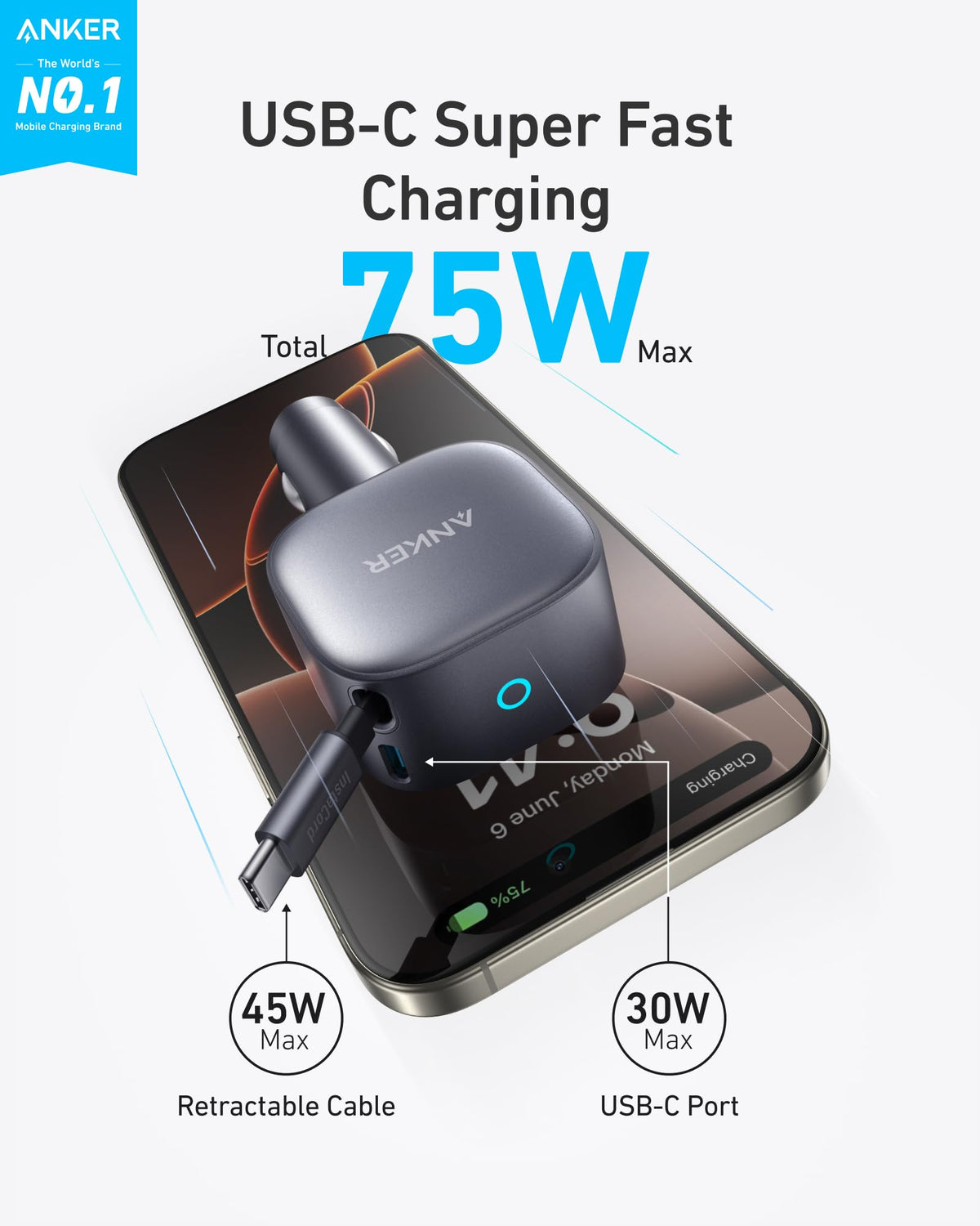 75W Retractable Car Charger and Wireless Charging Stand Bundle
