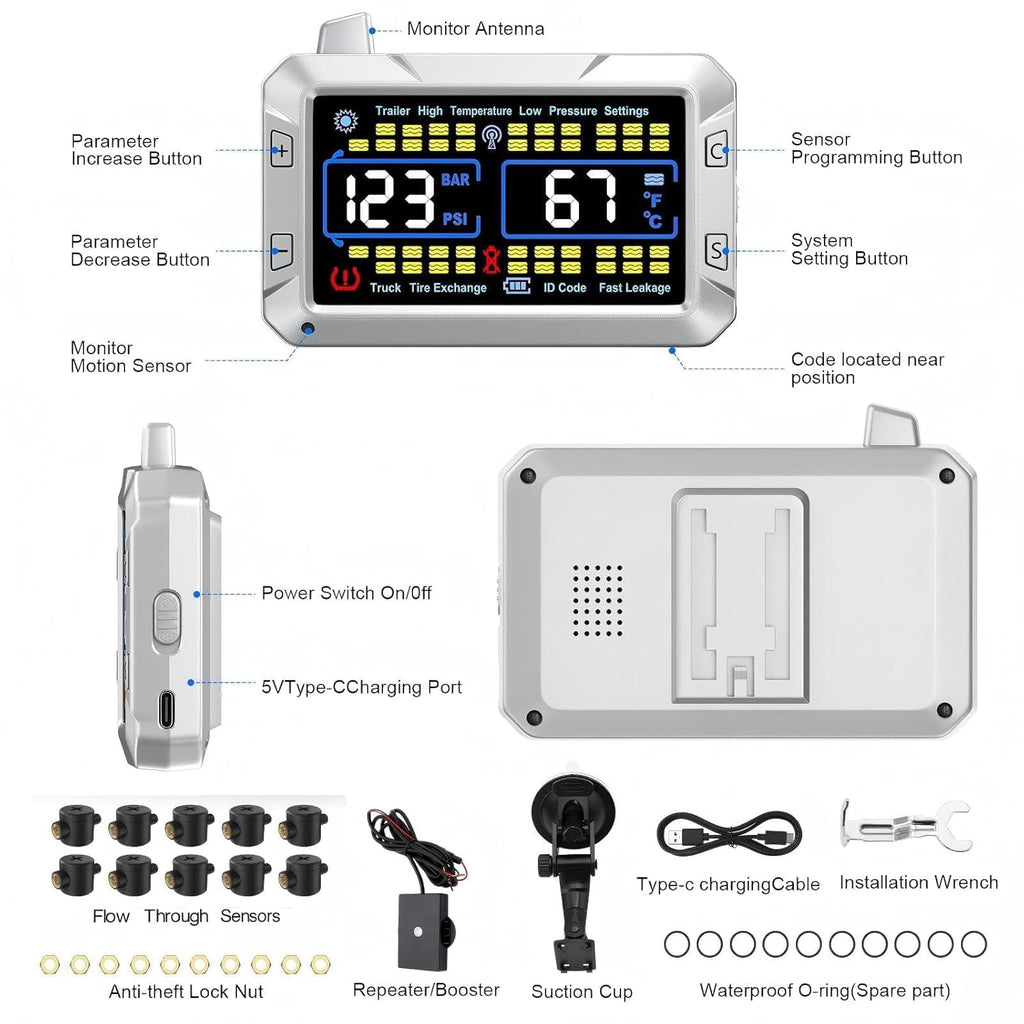 RV Tire Pressure Monitor with Flow-Through Sensor Options