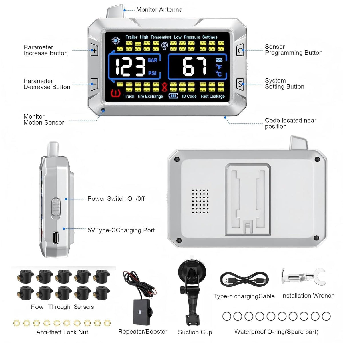 RV Tire Pressure Monitor with Flow-Through Sensor Options