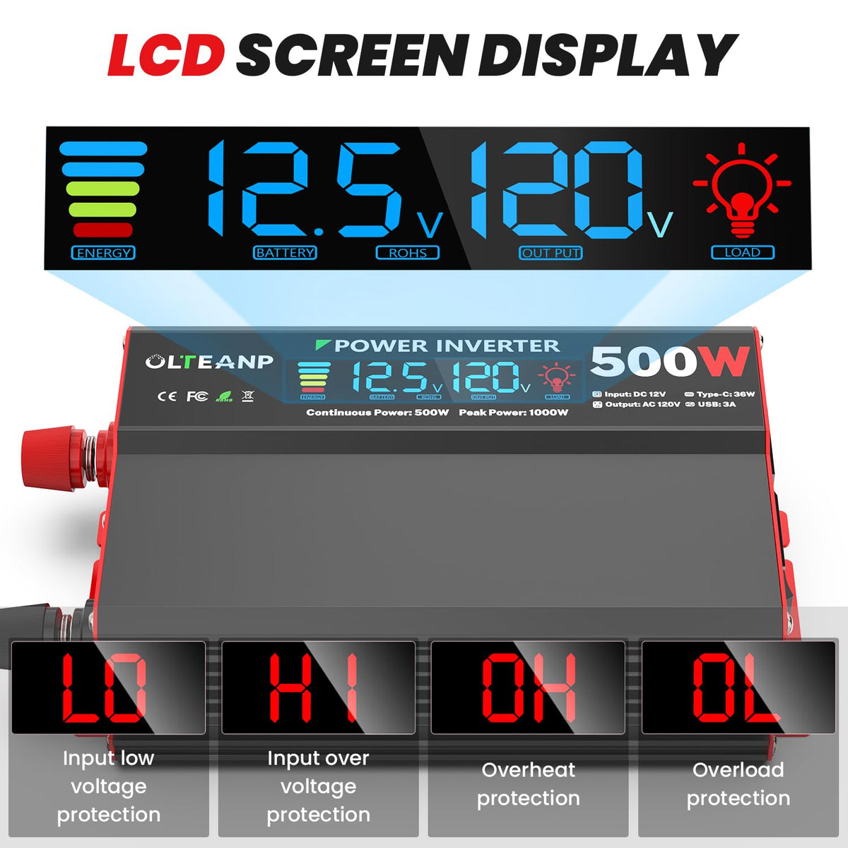12V Car Inverter with LCD and USB Charging Ports