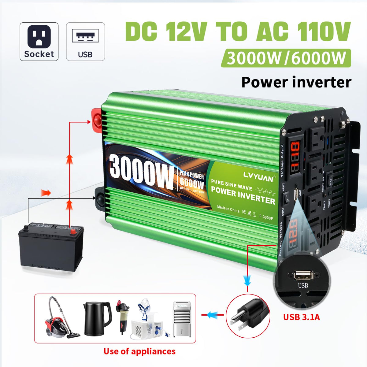 Pure-Sine-Wave Inverter with Remote and AC Outlets