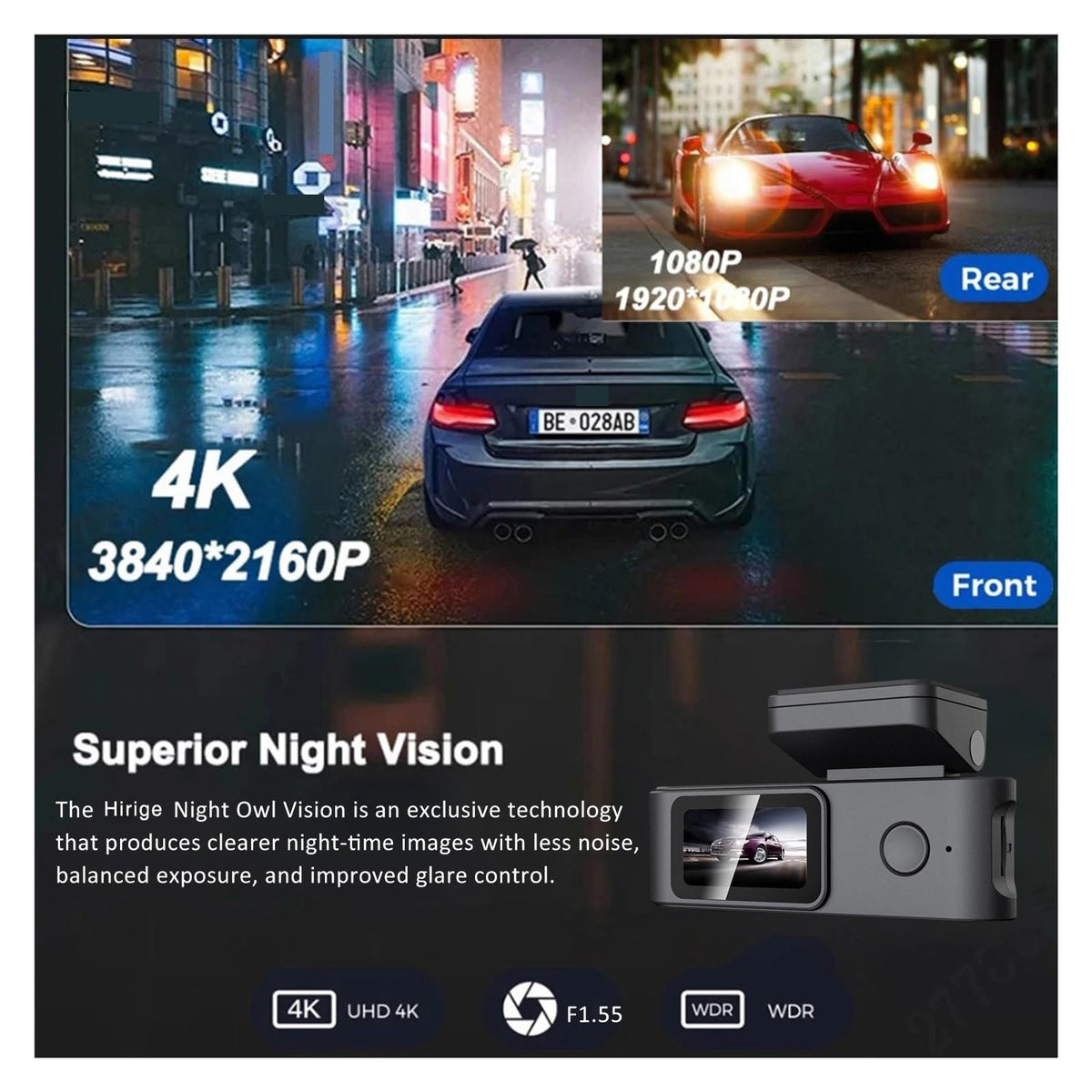 Front and Rear Dash Camera with Wi-Fi and Three-Inch Screen