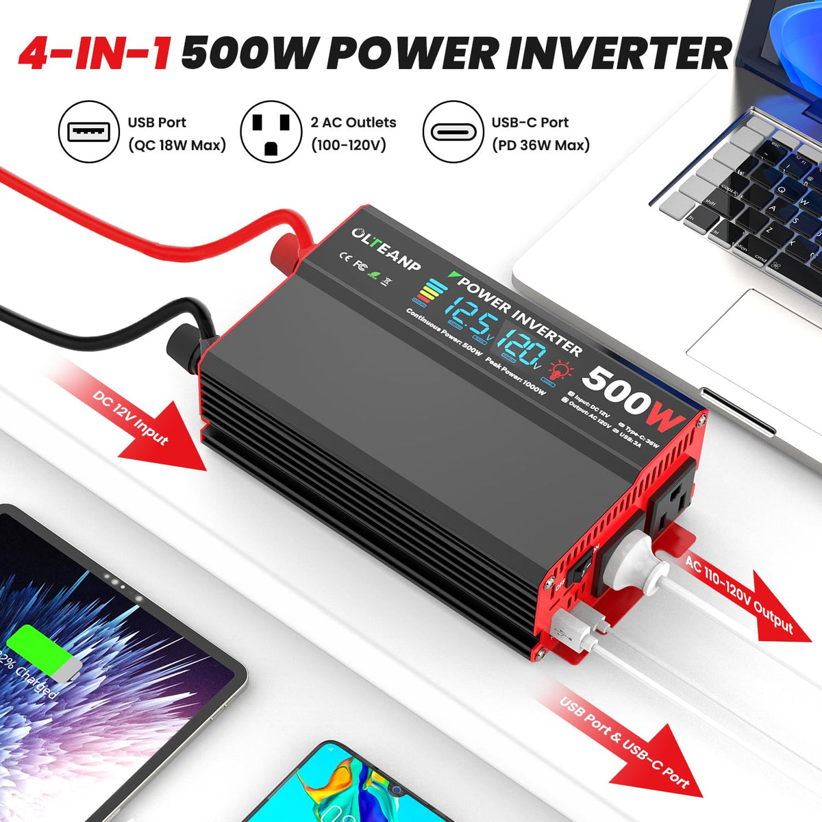 12V Car Inverter with LCD and USB Charging Ports
