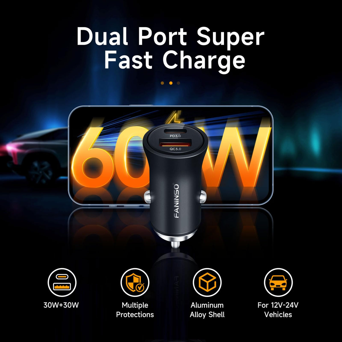 Dual-Port USB-C and USB-A Car Charger