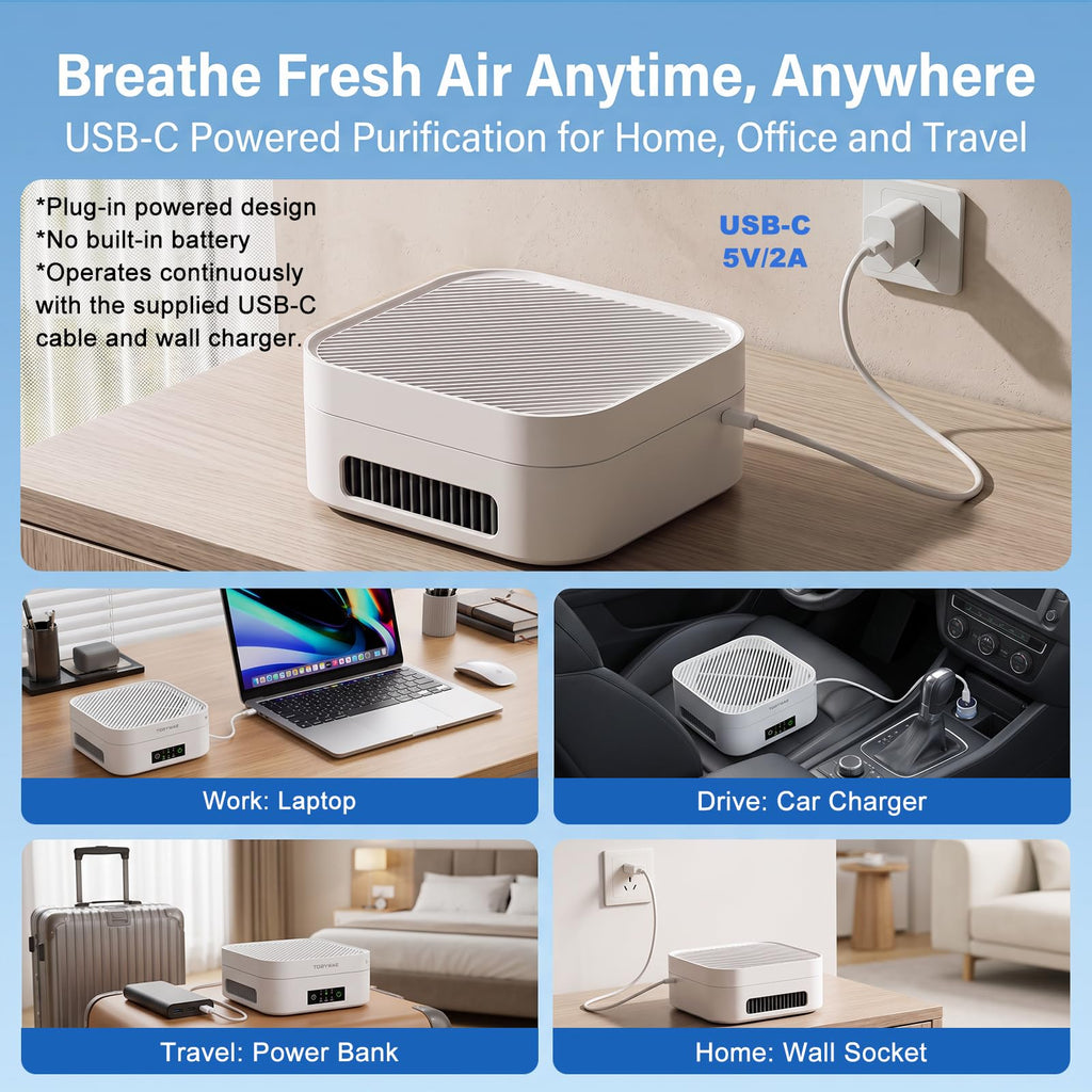 Compact Air Purifier with Type-C Power and Timer